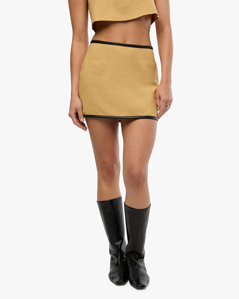 Leather Trim Mini Skirt Warm Taupe Black, Mini Skirt by We Wore What | LIT Boutique