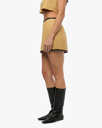 Thumbnail for Leather Trim Mini Skirt Warm Taupe Black, Mini Skirt by We Wore What | LIT Boutique