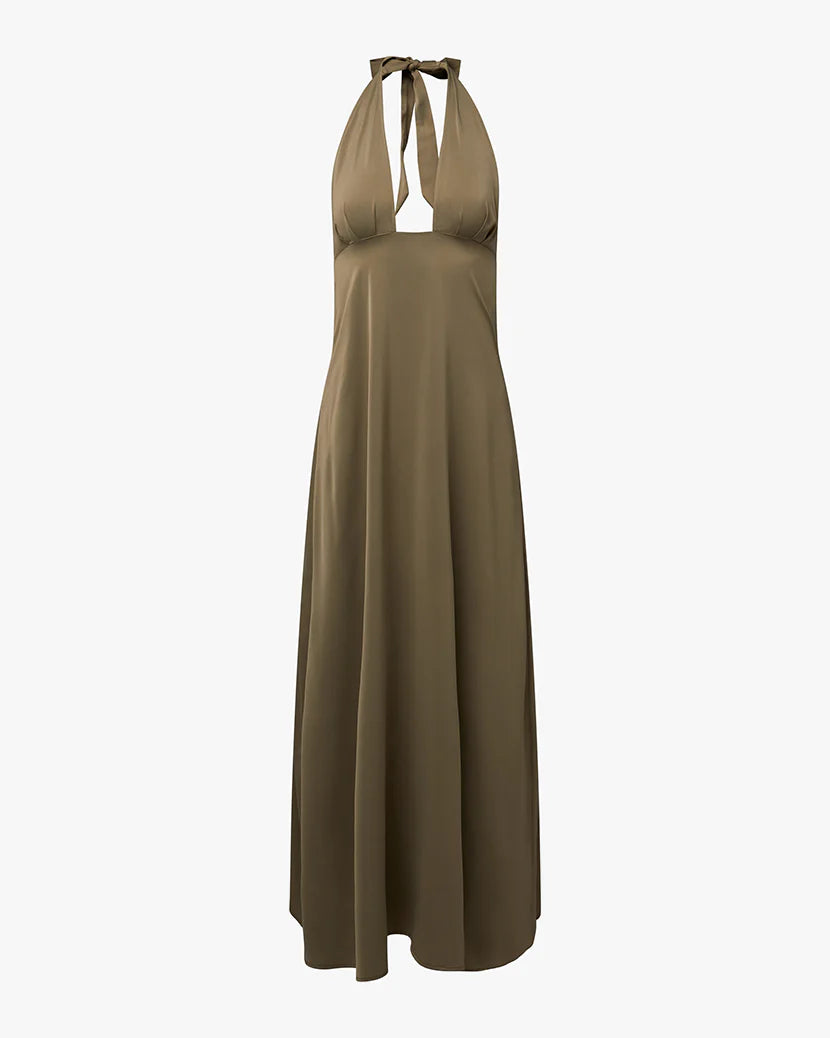 Halter Deep V Maxi Plaza Taupe, Maxi Dress by We Wore What | LIT Boutique