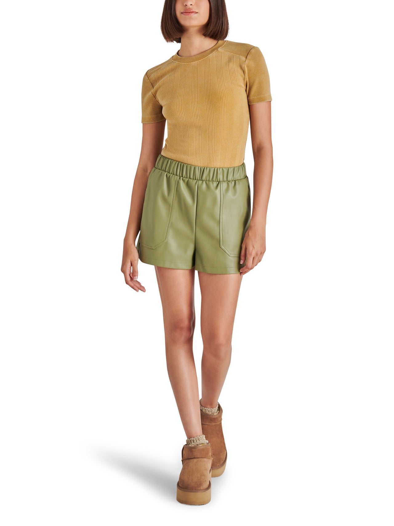 Faux the Record Leather Shorts Dusty Olive, Fabric Shorts by Steve Madden | LIT Boutique
