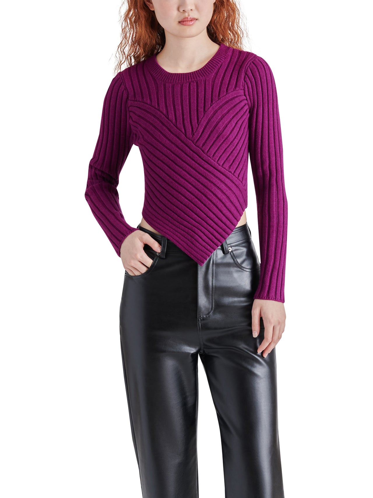 Melissa Plum Asymmetric Ribbed Sweater, Sweater by Steve Madden | LIT Boutique