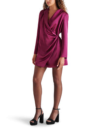 Thumbnail for Jasper Plum Satin Wrap Front Blazer Dress, Mini Dress by Steve Madden | LIT Boutique