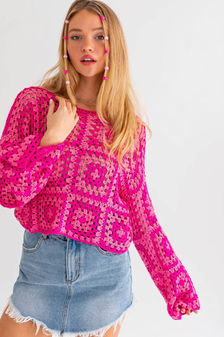 Brittany Crochet Top Fuchsia, Sweater by Le Lis | LIT Boutique