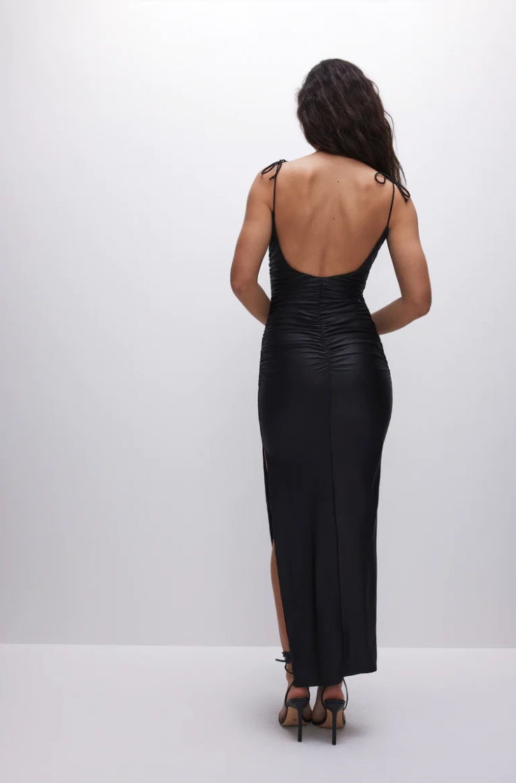 Satin Ruched Slip Maxi Dress Black, Maxi Dress by Good American | LIT Boutique