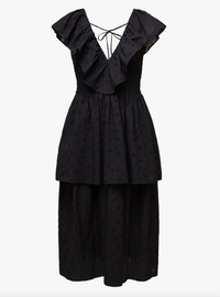 Thumbnail for Slit Front Eyelet Ruffle Midi Dress Black, Midi Dress by Onia | LIT Boutique