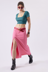 Thumbnail for Darsie Denim Midi Slit Skirt Pink, Midi Skirt by Signature 8 | LIT Boutique