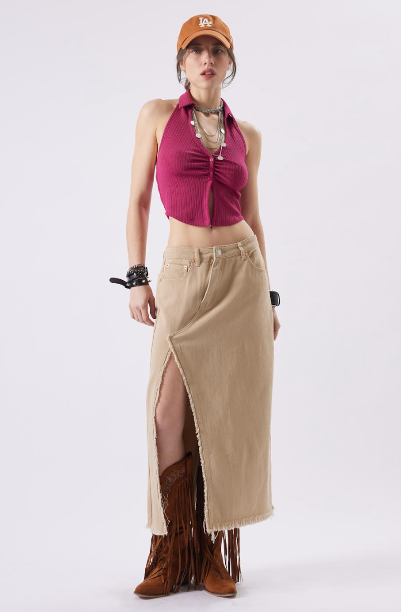 Darsie Denim Midi Slit Skirt Khaki, Skirt by Signature 8 | LIT Boutique