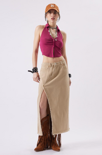 Thumbnail for Darsie Denim Midi Slit Skirt Khaki, Skirt by Signature 8 | LIT Boutique