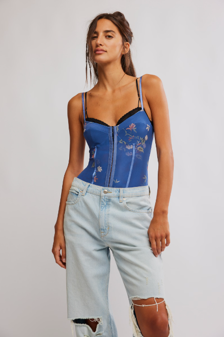 Printed Night Rhythm Bodysuit Blue Floral Combo