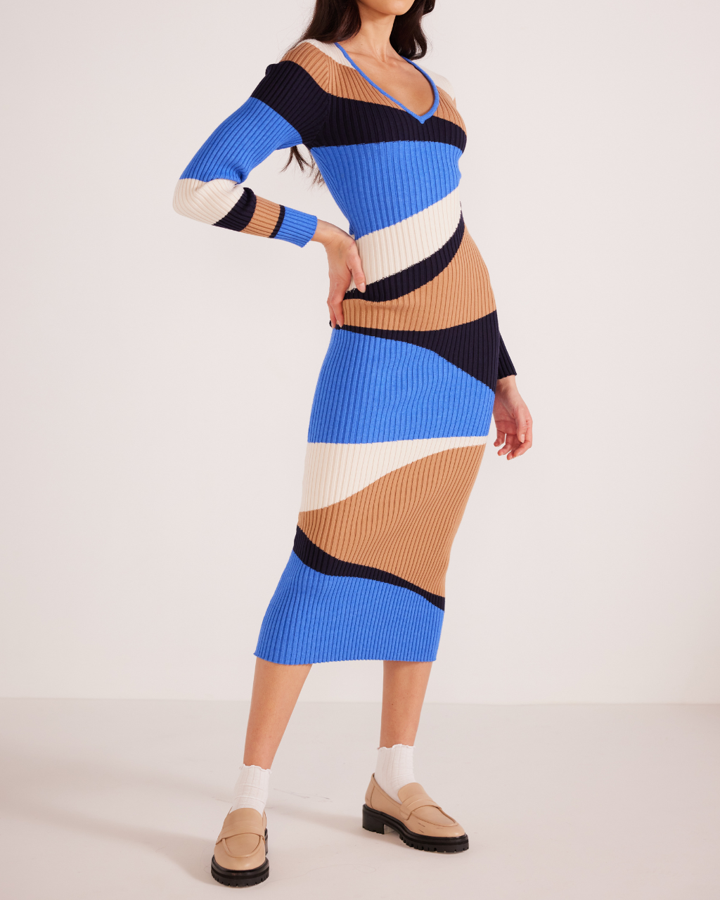 Edras Intarsia Knit Midi Dress Brown Blue Multi, Midi Dress by MinkPink | LIT Boutique