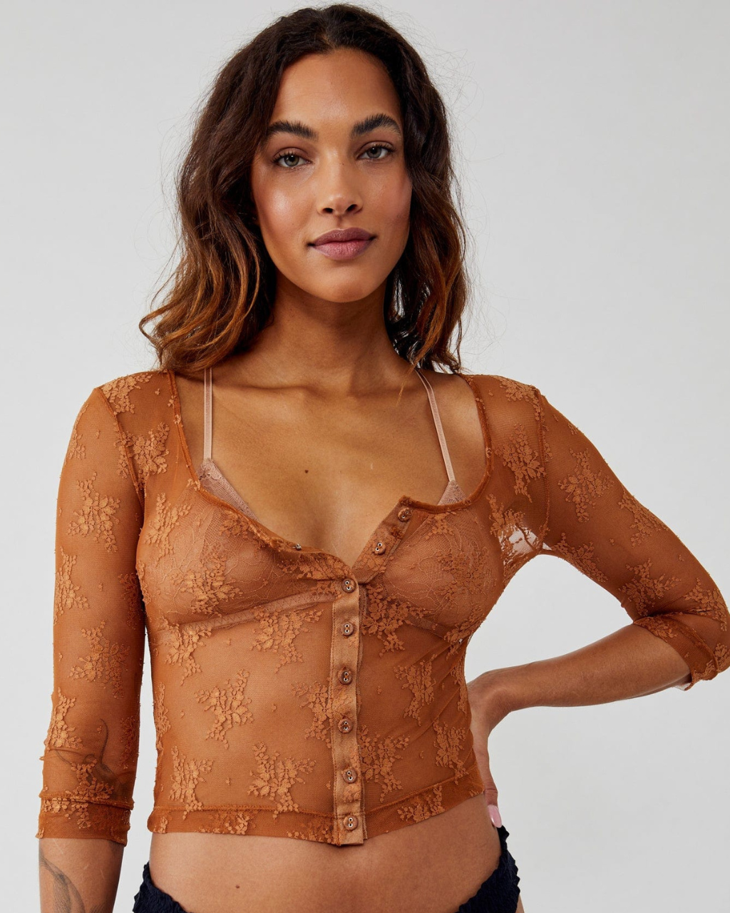 Lost in Lace Sheer Cardi Bright Cider, Long Blouse by Free People | LIT Boutique