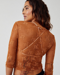 Thumbnail for Lost in Lace Sheer Cardi Bright Cider, Long Blouse by Free People | LIT Boutique