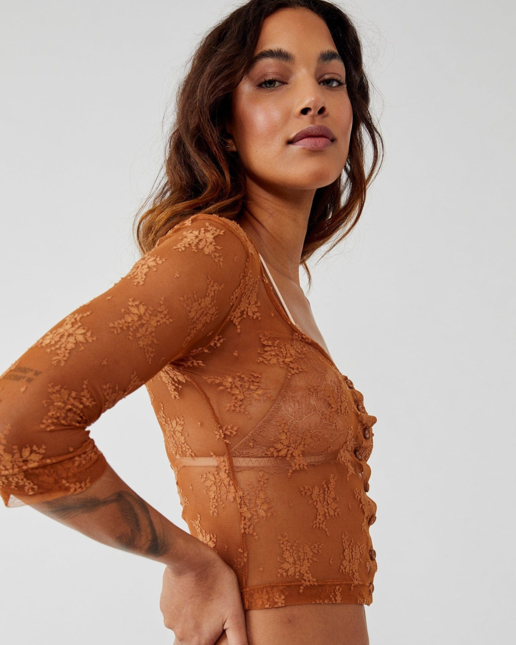 Lost in Lace Sheer Cardi Bright Cider, Long Blouse by Free People | LIT Boutique
