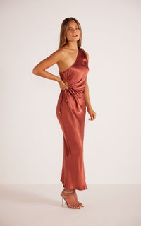 Thumbnail for Gaia One Shoulder Dress Bronze, Midi Dress by Mink Pink | LIT Boutique