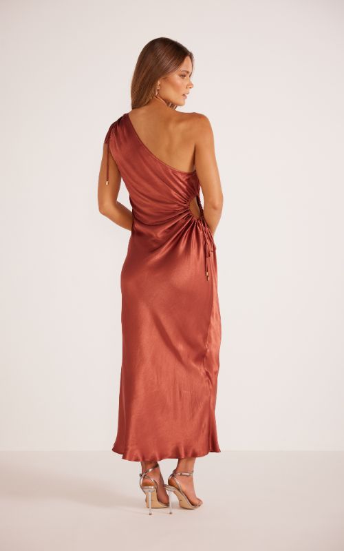 Gaia One Shoulder Dress Bronze, Midi Dress by Mink Pink | LIT Boutique
