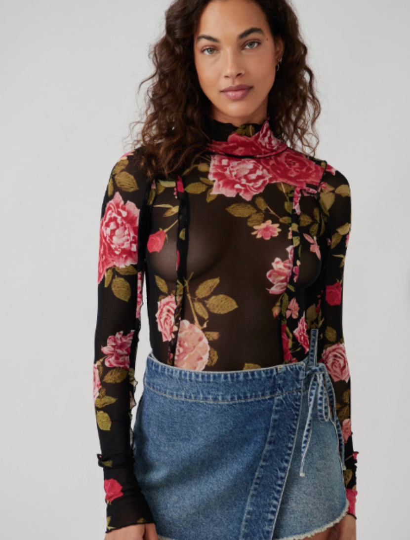 Charlie Printed Floral Mesh Top, Long Blouse by Free People | LIT Boutique