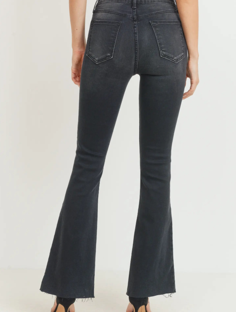 Dolly High Rise Scissor Cut Black Wash Flare Jeans, Flare Denim by Just Black | LIT Boutique