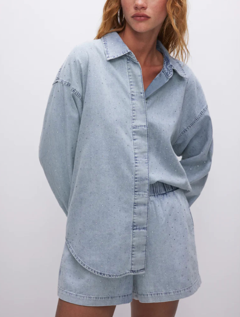 Denim Weekender Shirt Indigo, Long Blouse by Good American | LIT Boutique
