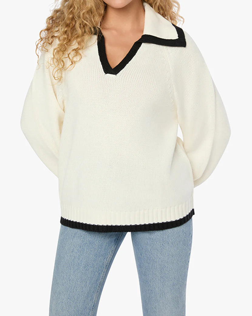 Collar V Neck Sweater Ivory Black, Sweater by We Wore What | LIT Boutique