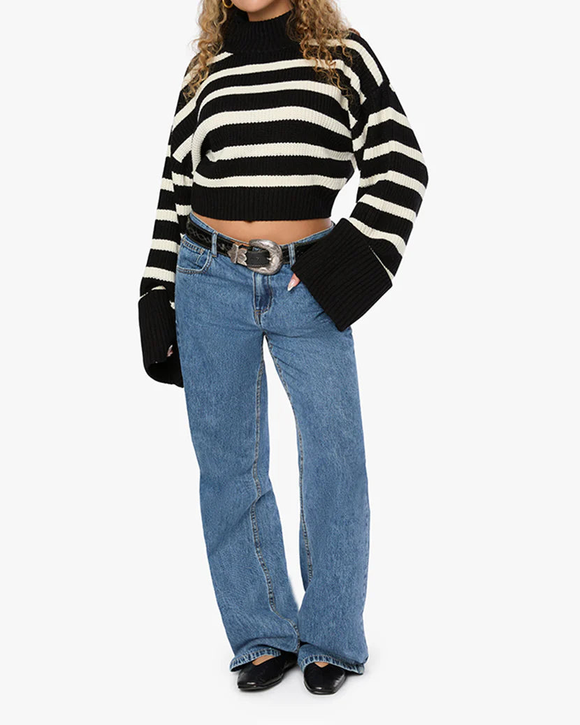 Cropped Turtle Neck Sweater Black/Ivory Stripe, Sweater by We Wore What | LIT Boutique