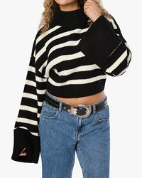 Thumbnail for Cropped Turtle Neck Sweater Black/Ivory Stripe, Sweater by We Wore What | LIT Boutique