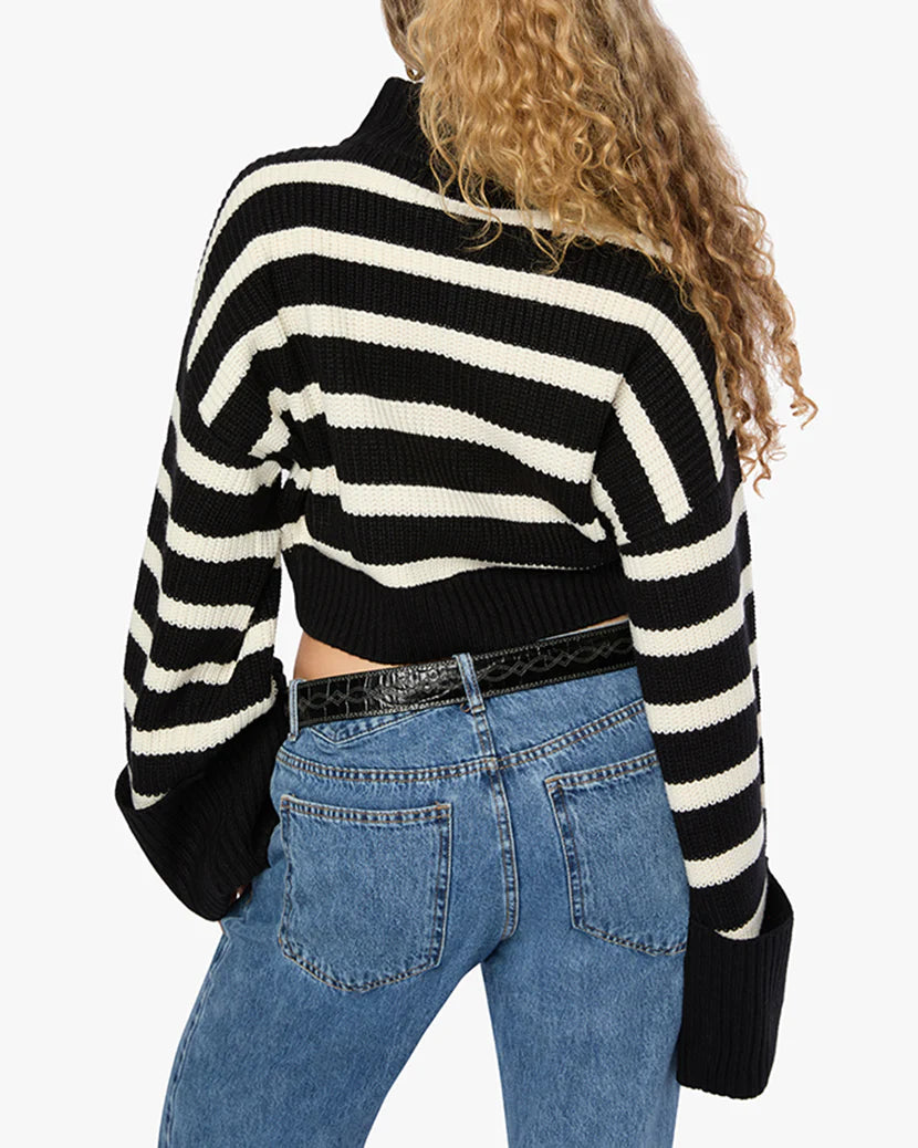 Cropped Turtle Neck Sweater Black/Ivory Stripe, Sweater by We Wore What | LIT Boutique