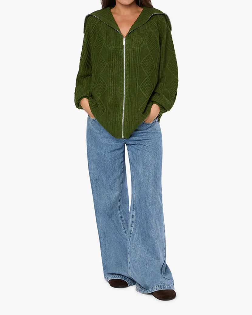 Chunky Cable Knit Zip Up Hunter Green LIT Boutique