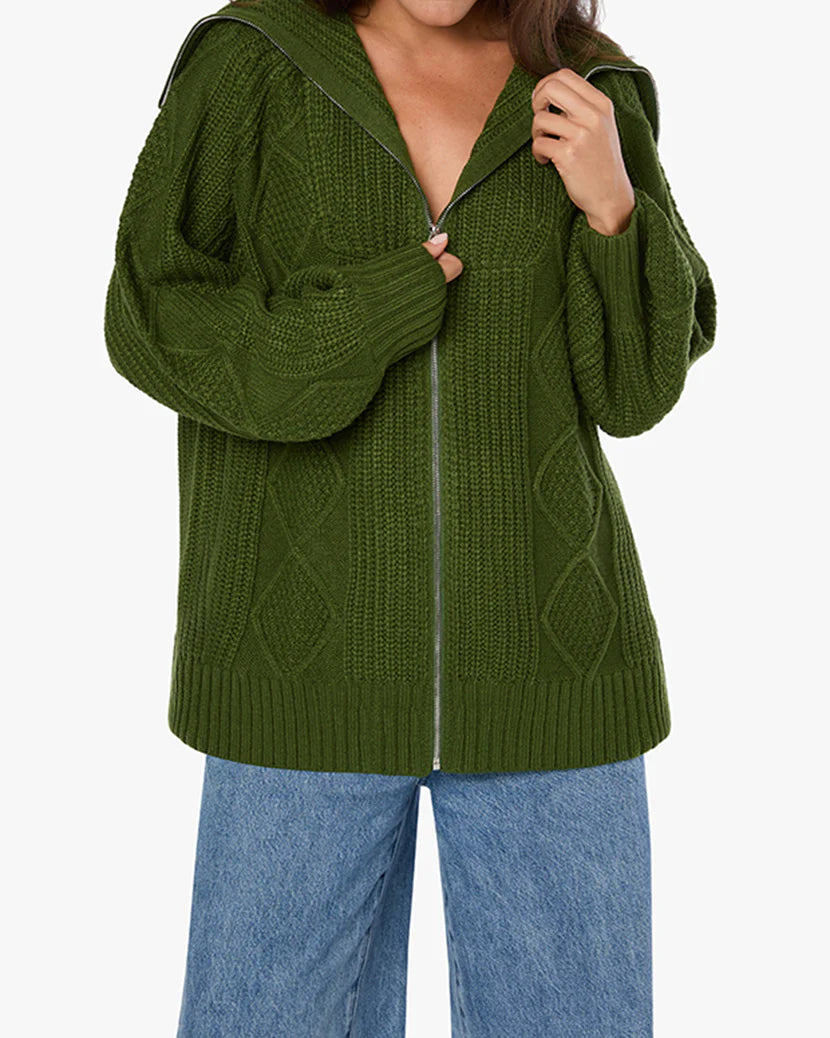 Chunky Cable Knit Zip Up Hunter Green, Sweater by We Wore What | LIT Boutique