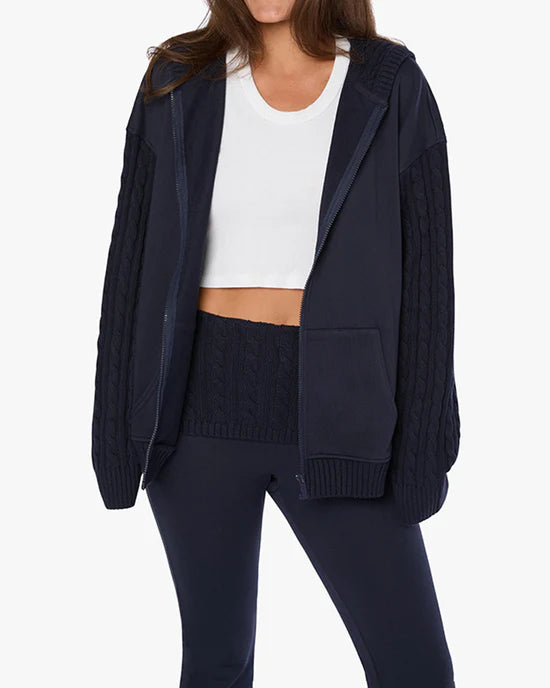 Cable Knit Sleeve Zip Up Hoodie Navy, Sweater by We Wore What | LIT Boutique