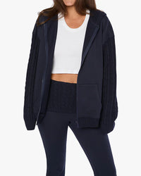 Thumbnail for Cable Knit Sleeve Zip Up Hoodie Navy, Sweater by We Wore What | LIT Boutique