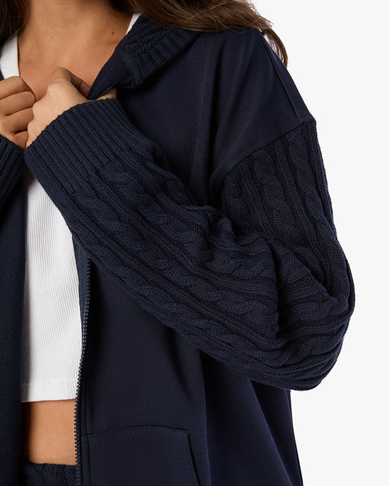 Cable Knit Sleeve Zip Up Hoodie Navy, Sweater by We Wore What | LIT Boutique