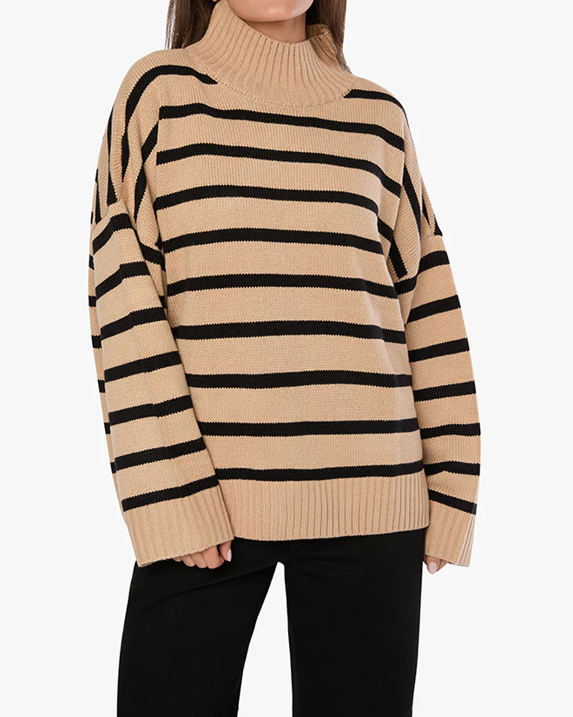 Oversized Funnel Neck Sweater Taupe/Black Stripe, Sweater by We Wore What | LIT Boutique