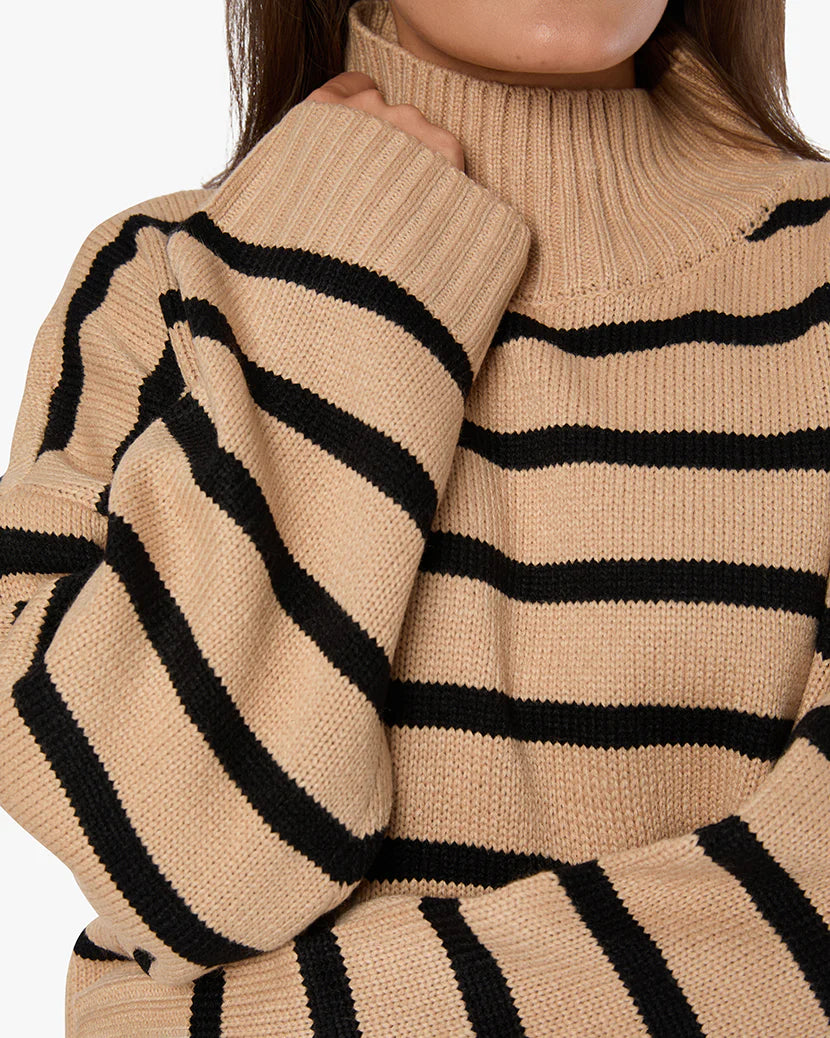 Oversized Funnel Neck Sweater Taupe/Black Stripe, Sweater by We Wore What | LIT Boutique