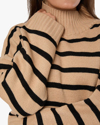 Thumbnail for Oversized Funnel Neck Sweater Taupe/Black Stripe, Sweater by We Wore What | LIT Boutique