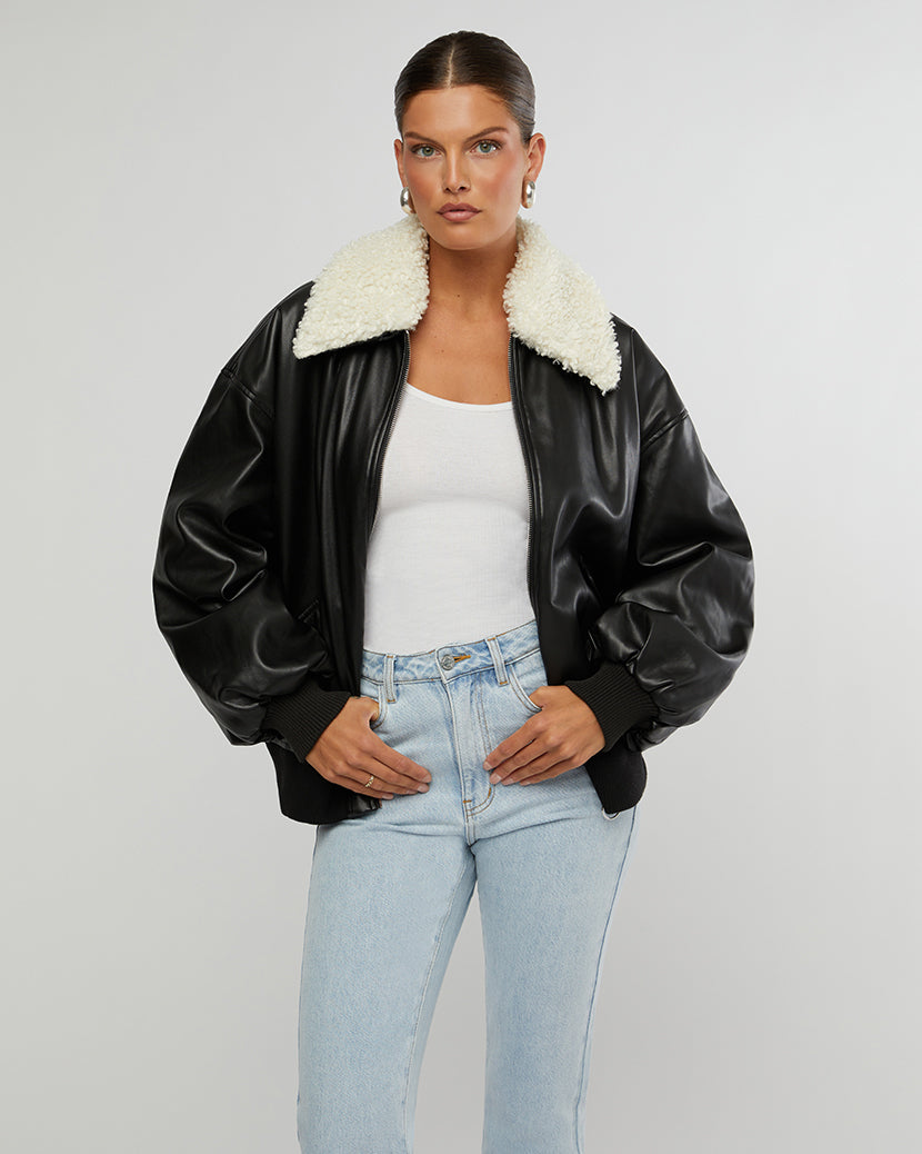 Faux Sherpa Collar Bomber Jacket, Jacket by We Wore What | LIT Boutique