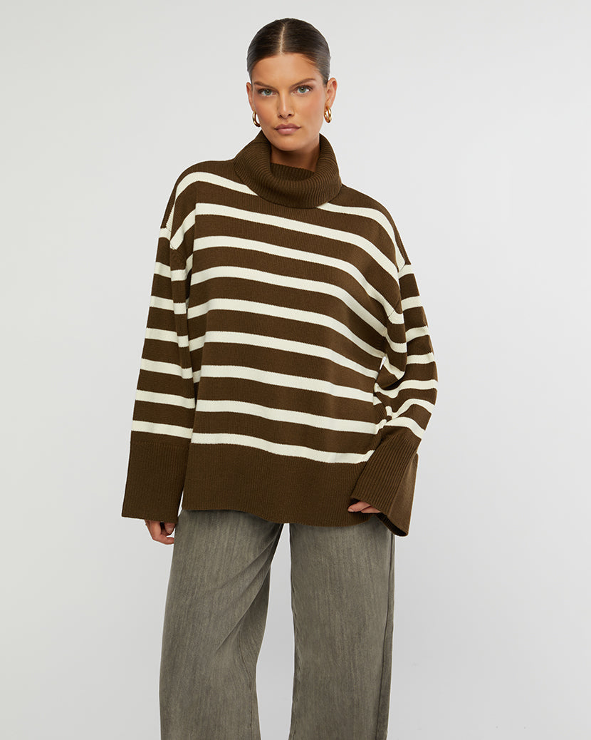 Acrylic Olive Striped Turtle Sweater, Sweater by We Wore What | LIT Boutique
