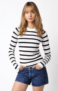 Thumbnail for Horizontal Striped Knit Top White Navy, Long Tee by Olivaceous | LIT Boutique