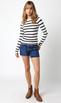 Thumbnail for Horizontal Striped Knit Top White Navy, Long Tee by Olivaceous | LIT Boutique