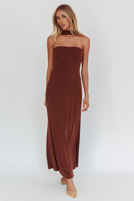 Nicole Dress - Reversible Halter Maxi Dress Chocolate, Maxi Dress by One and Only | LIT Boutique