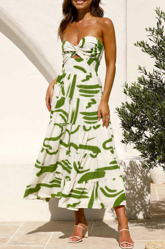 Abstract Twist Front Strapless Maxi Dress Green Multi, Maxi Dress by Rosa Clothing | LIT Boutique