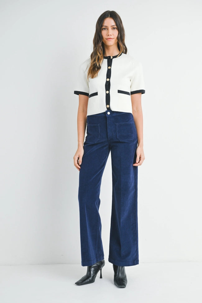 Navy Corduroy Mini Patch Pocket Wide Leg, Pant Bottom by Just Black | LIT Boutique