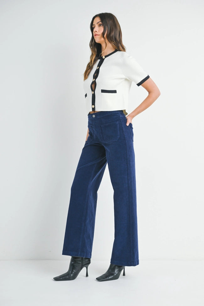 Navy Corduroy Mini Patch Pocket Wide Leg, Pant Bottom by Just Black | LIT Boutique