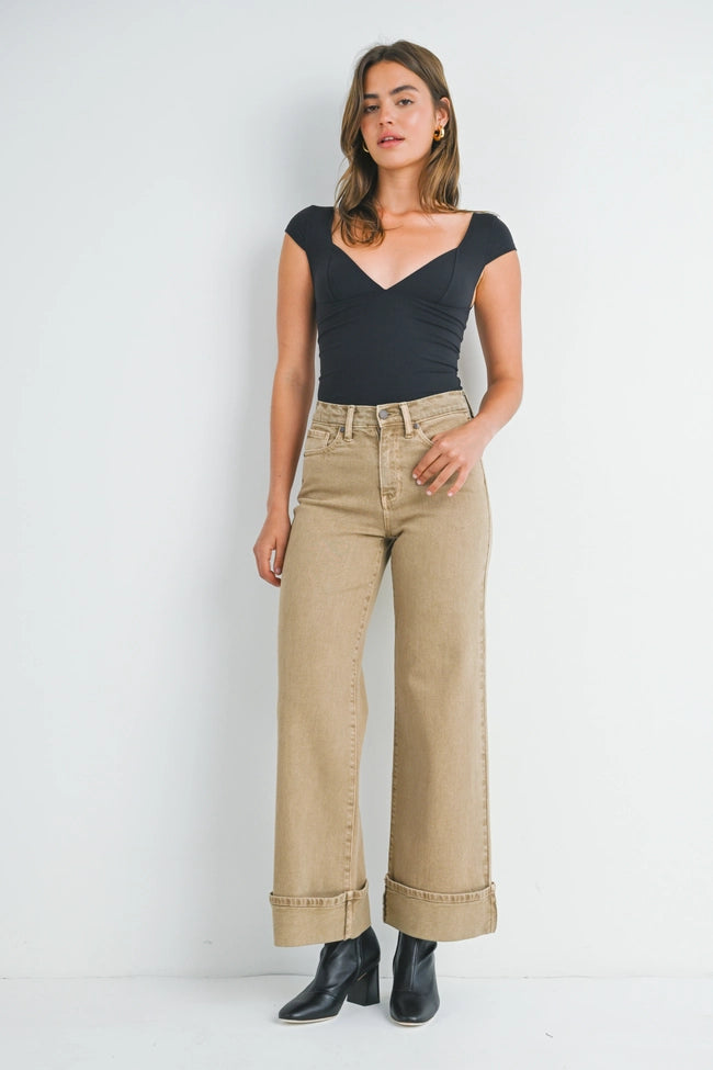 Dk Khaki Cuffed Palazzo, Pant Bottom by Just Black | LIT Boutique