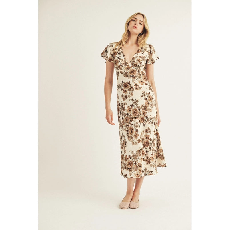 Florals on Florals Midi Dress Brown White, Midi Dress by Storia | LIT Boutique