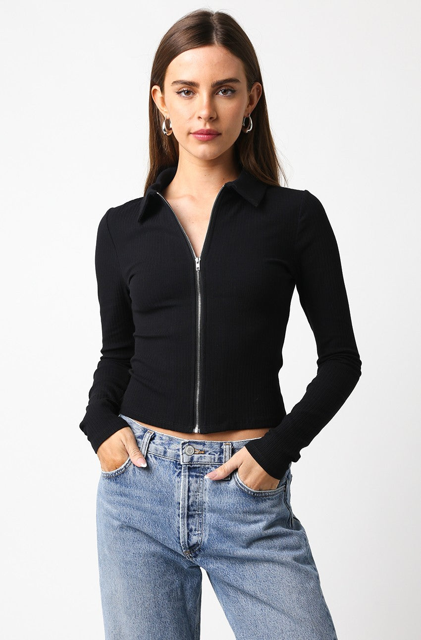 Zip Up Long Sleeve Knit Top Black, Long Tee by Olivaceous | LIT Boutique