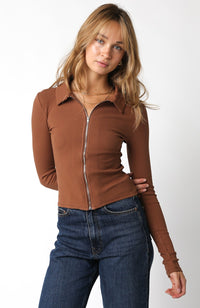 Thumbnail for Zip Up Long Sleeve Knit Top Brown, Long Tee by Olivaceous | LIT Boutique