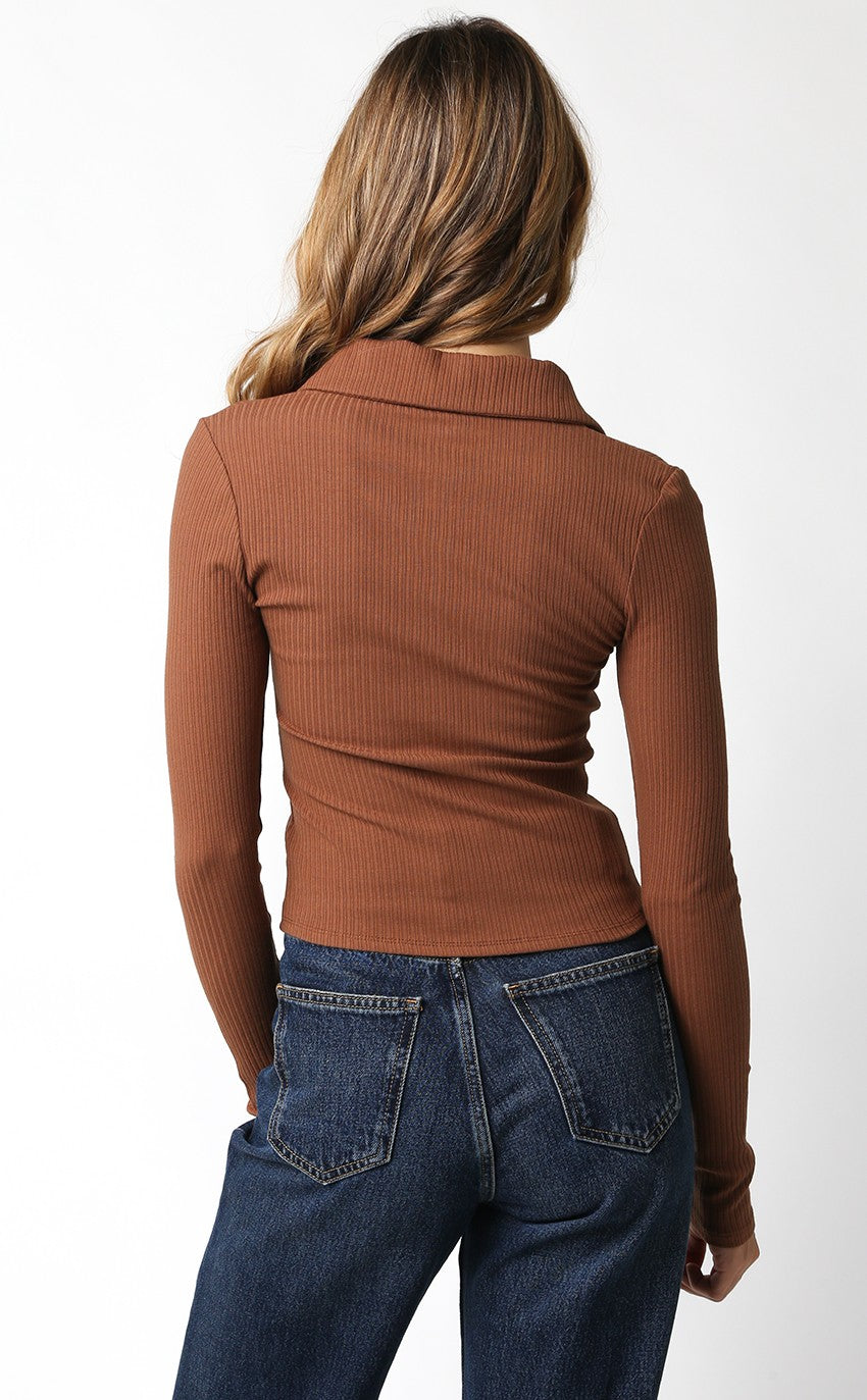 Zip Up Long Sleeve Knit Top Brown, Long Tee by Olivaceous | LIT Boutique