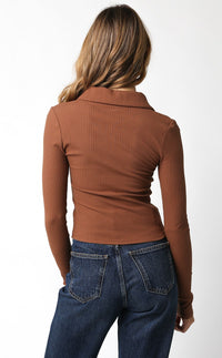 Thumbnail for Zip Up Long Sleeve Knit Top Brown, Long Tee by Olivaceous | LIT Boutique