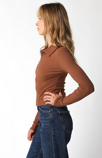 Thumbnail for Zip Up Long Sleeve Knit Top Brown, Long Tee by Olivaceous | LIT Boutique