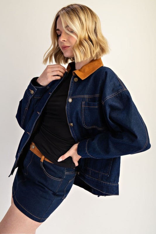 Relaxed Denim Jacket With Contrast Collar, Jacket by Edit By Nine | LIT Boutique